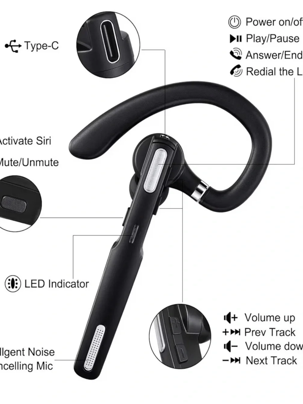 Wireless Bluetooth Earhook Headset in Black